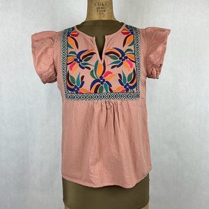 Embroiered Ruffle Sleeve Top Sz Medium Mexican Floral L Love Boutique Brand